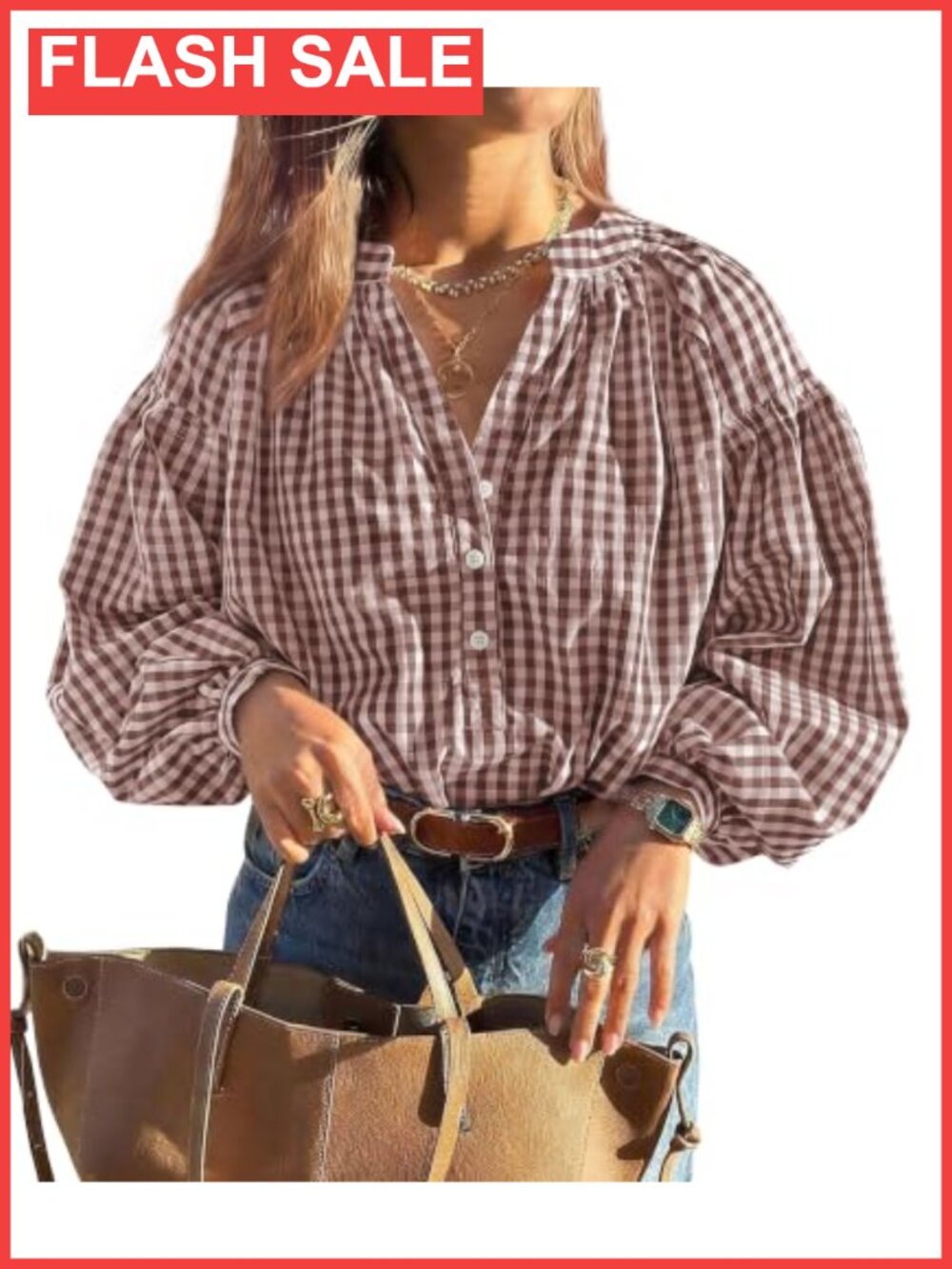 Women Plaid Long Puff Sleeve V Neck Casual Button Down Blouse